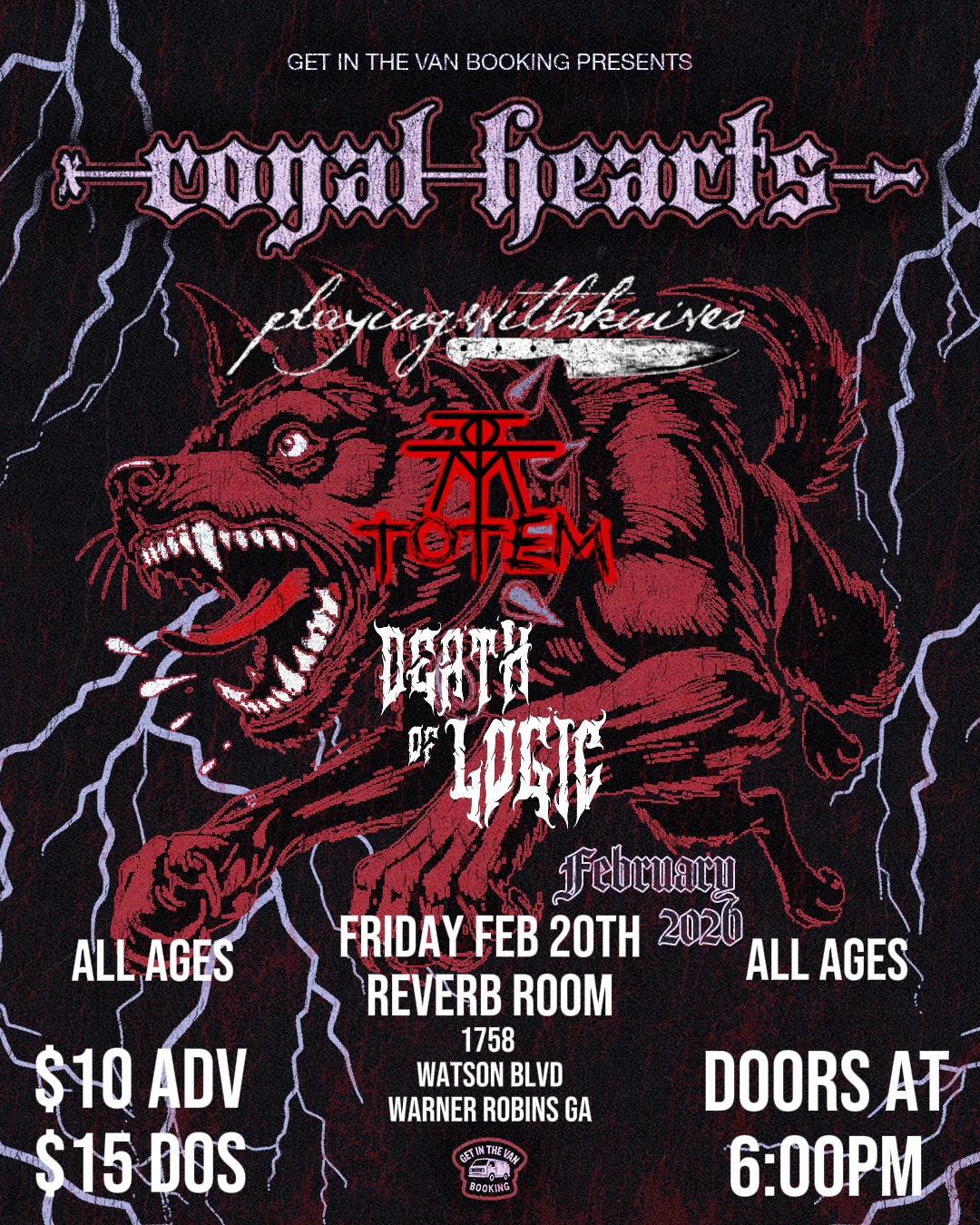 ROYAL HEARTS, PLAYING WITH KNIVES, TOTEM, and DEATH OF LOGIC event flyer
